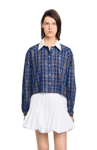 Sandro Womens Blue Rhinestone-embellished Relaxed-fit Checked Cotton Shirt