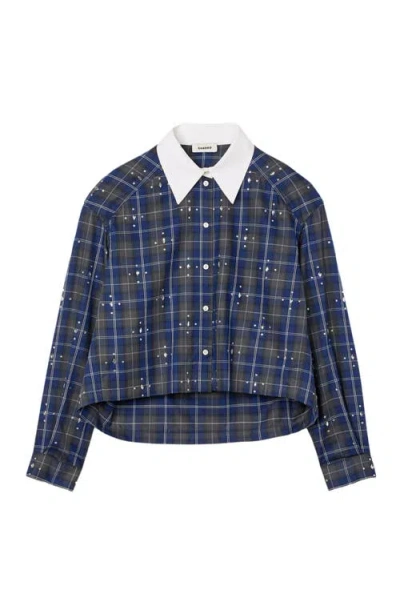 Sandro Womens Blue Rhinestone-embellished Relaxed-fit Checked Cotton Shirt