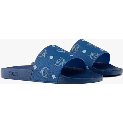 Mcm Monogram Print Rubber Slides In Blue