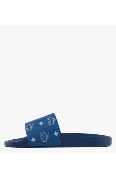 Mcm Monogram Print Rubber Slides In Blue