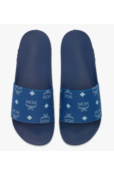 Mcm Monogram Print Rubber Slides In Blue