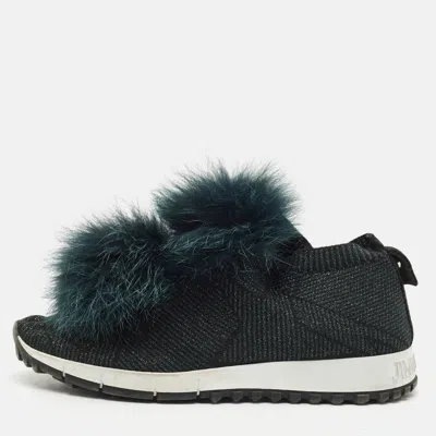 Pre-owned Jimmy Choo Green Knit Fabric And Mink Fur Norway Slip On Sneakers Size 37.5