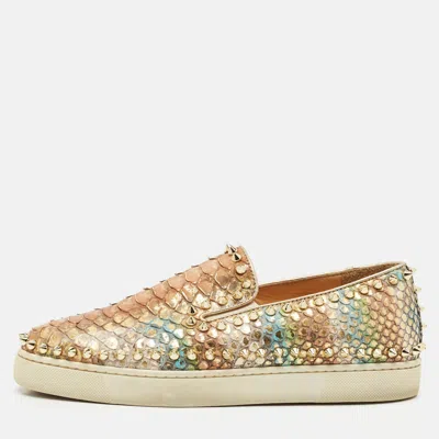 Pre-owned Christian Louboutin Gold Python Spike Pik Boat Sneakers Size 37