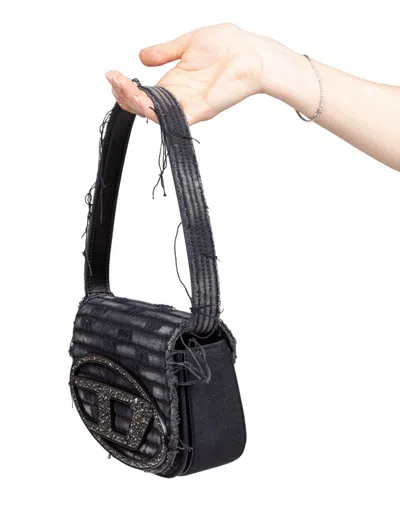 Diesel 1dr Bag In Jeans Canvas With Crystals In Black