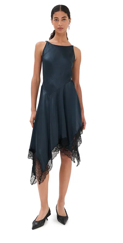 Acne Studios Satin Lace-trim Midi Dress In Blue