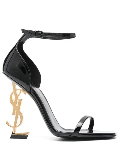 Saint Laurent Opyum Patent Leather Sandals With Structured Heel Featuring Metal Ysl Initials And Adj In Black