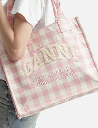Ganni Womens Bleached Mauve Vichy Check Large Cotton Shopper Bag In Pink