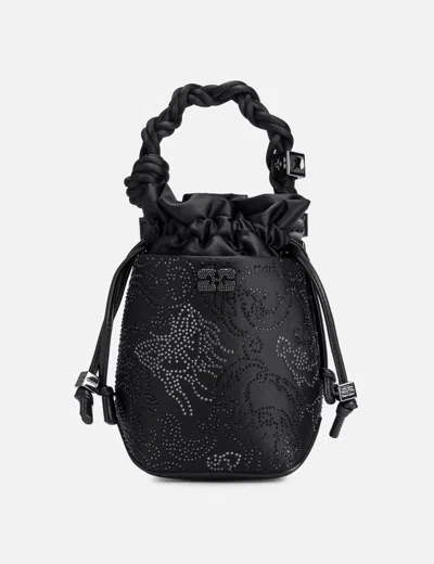 Ganni Bou Braided-handle Crystal-embellished Bucket Bag In Black