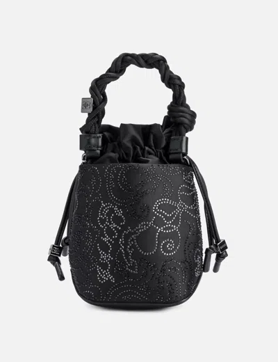 Ganni Bou Braided-handle Crystal-embellished Bucket Bag In Black
