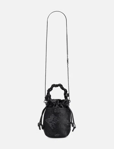 Ganni Bou Braided-handle Crystal-embellished Bucket Bag In Black