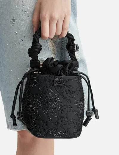 Ganni Bou Braided-handle Crystal-embellished Bucket Bag In Black