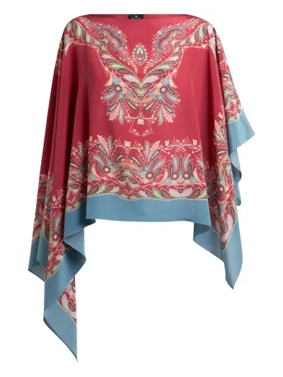 Etro Asymmetric Silk Poncho Top With Placed Print In Multi