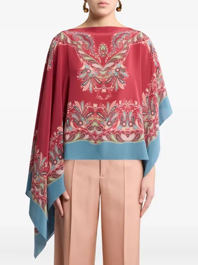 Etro Asymmetric Silk Poncho Top With Placed Print In Multi