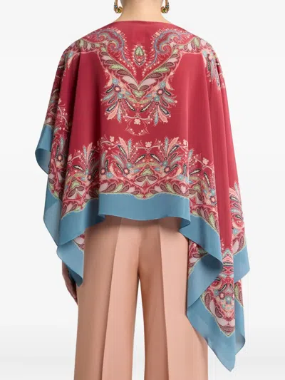 Etro Asymmetric Silk Poncho Top With Placed Print In Multi