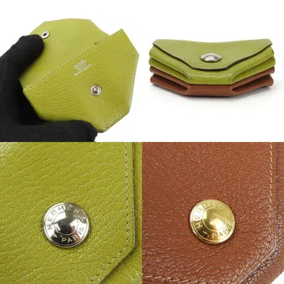 Pre-owned Hermes Le 24 Brown Green Chevre Leather Coin Purse/coin Case () In Multi