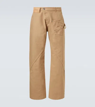Jw Anderson Mens Twisted Workwear Panelled Wide-leg Cotton Trousers Flax