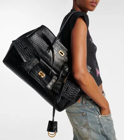 Balenciaga All Day Croco Leather Shoulder Bag In Black