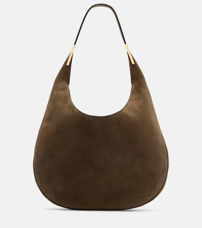 Savette Brown Shoulder Bag With Open Top In Suede In Green