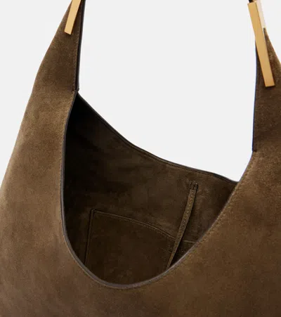 Savette Brown Shoulder Bag With Open Top In Suede In Green