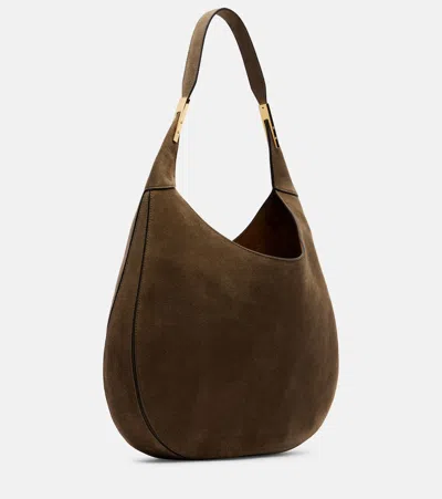 Savette Brown Shoulder Bag With Open Top In Suede In Green