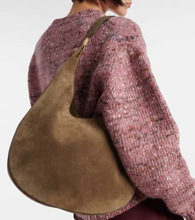 Savette Brown Shoulder Bag With Open Top In Suede In Green