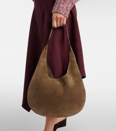 Savette Brown Shoulder Bag With Open Top In Suede In Green