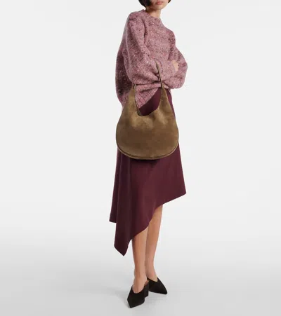 Savette Brown Shoulder Bag With Open Top In Suede In Green