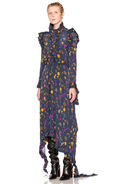 Shop Vetements Flower Print Dress In Blue, Floral.  In Navy