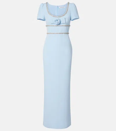 Self-portrait Bow-detailed Crystal-embellished Crepe Maxi Dress In Blue