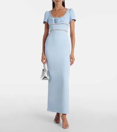 Self-portrait Bow-detailed Crystal-embellished Crepe Maxi Dress In Blue