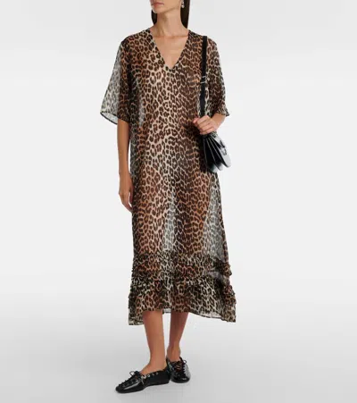 Ganni Leopard-print Sheer Chiffon Midi Dress In Animal Print