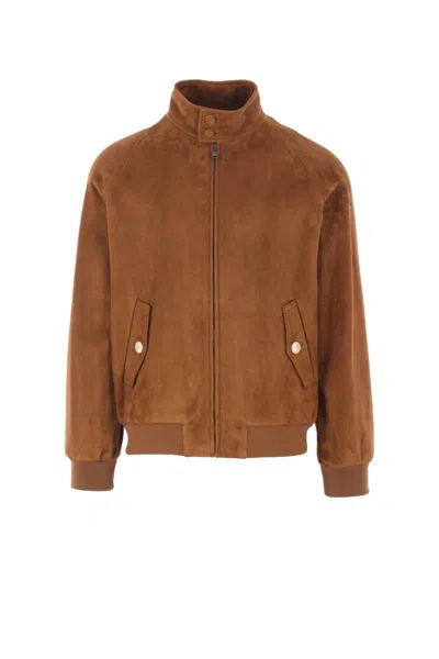 Valentino Ribbed Lambskin Suede Leather Jacket With Stand-up Collar In Brown