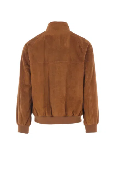 Valentino Ribbed Lambskin Suede Leather Jacket With Stand-up Collar In Brown