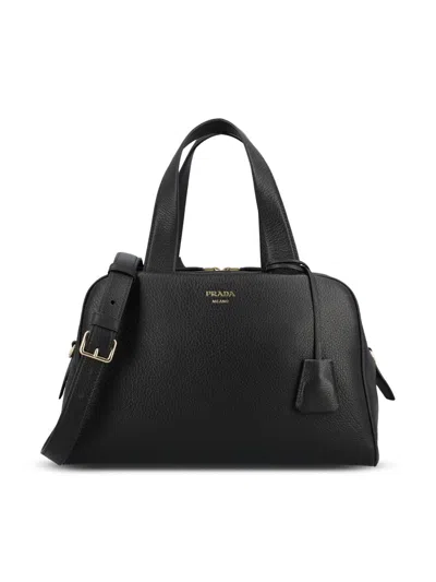 Prada Large Leather Boston Bag In Black