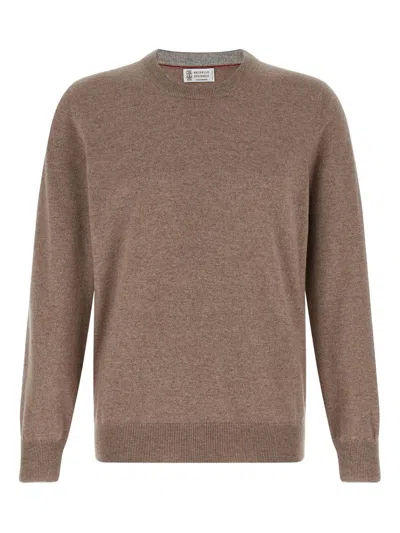 Brunello Cucinelli Cashmere Crew Neck Sweater With Ribbed Cuffs And Hem In Brown