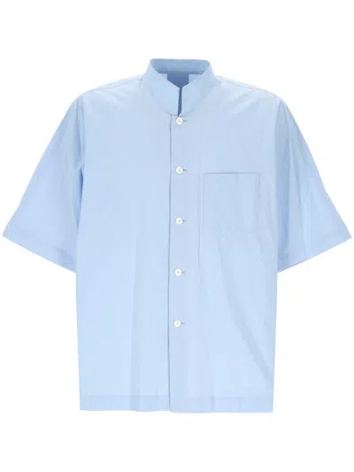 Issey Miyake Mandarin Collar Short-sleeve Shirt With Boxy Fit In Blue