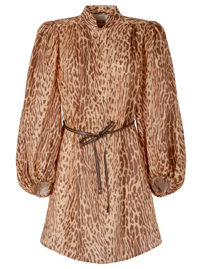 Zimmermann Cascadian Beige Tunic Dress With Stand-up Collar And All-over Leopard Print In Linen Woman In Brown