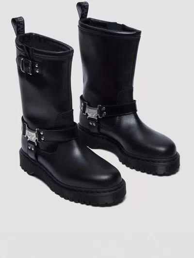 Dr. Martens Mid-calf Black Leather Boots With Silver-tone Hardware In Black