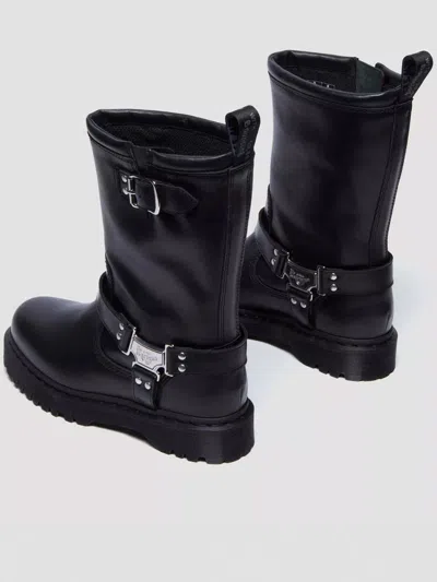 Dr. Martens Mid-calf Black Leather Boots With Silver-tone Hardware In Black