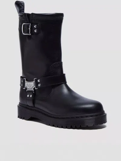 Dr. Martens Mid-calf Black Leather Boots With Silver-tone Hardware In Black