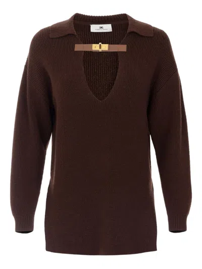 Elisabetta Franchi Knitwear Collared Design Long Sleeves Ribbed Texture V-neckline In Brown