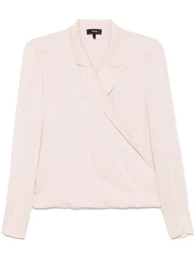 Theory Lapel Wrap Blush Blouse With V-neck In Pink