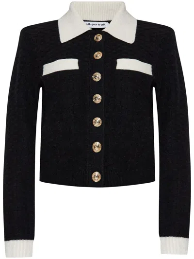 Self-portrait Structured Black Sweater With Gold-tone Buttons In Black