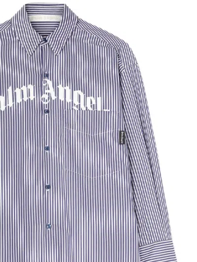 Palm Angels Striped Logo Print Midi Shirt Dress In Navy Blue - Off White
