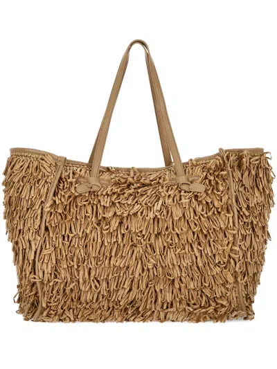 Gianni Chiarini Marcella Shopping Bag In Fabric With Raffia Curls In Brown