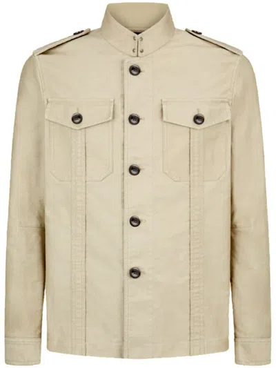 Tom Ford Brushed Cotton Satin Stand Collar Outershirt In Neutral
