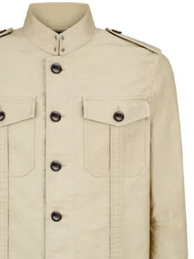 Tom Ford Brushed Cotton Satin Stand Collar Outershirt In Neutral