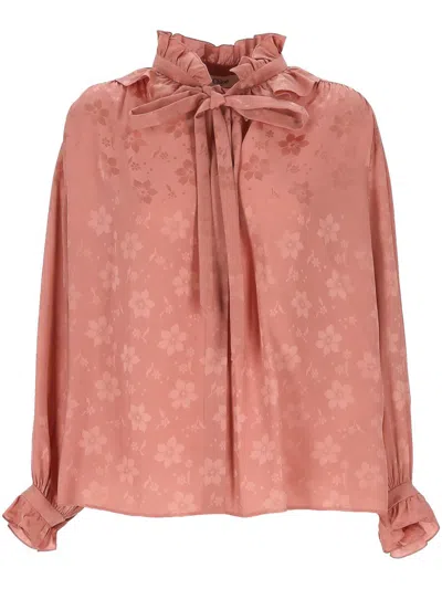 Chloé Floral Jacquard Tie-neck Ruffle Blouse In Pink