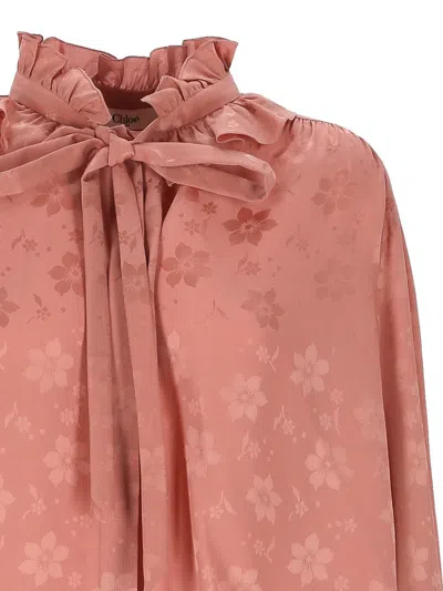 Chloé Floral Jacquard Tie-neck Ruffle Blouse In Pink