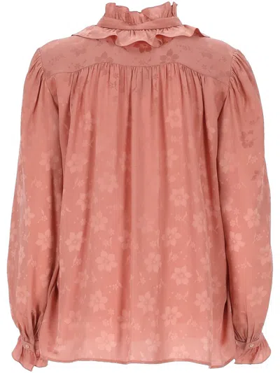Chloé Floral Jacquard Tie-neck Ruffle Blouse In Pink